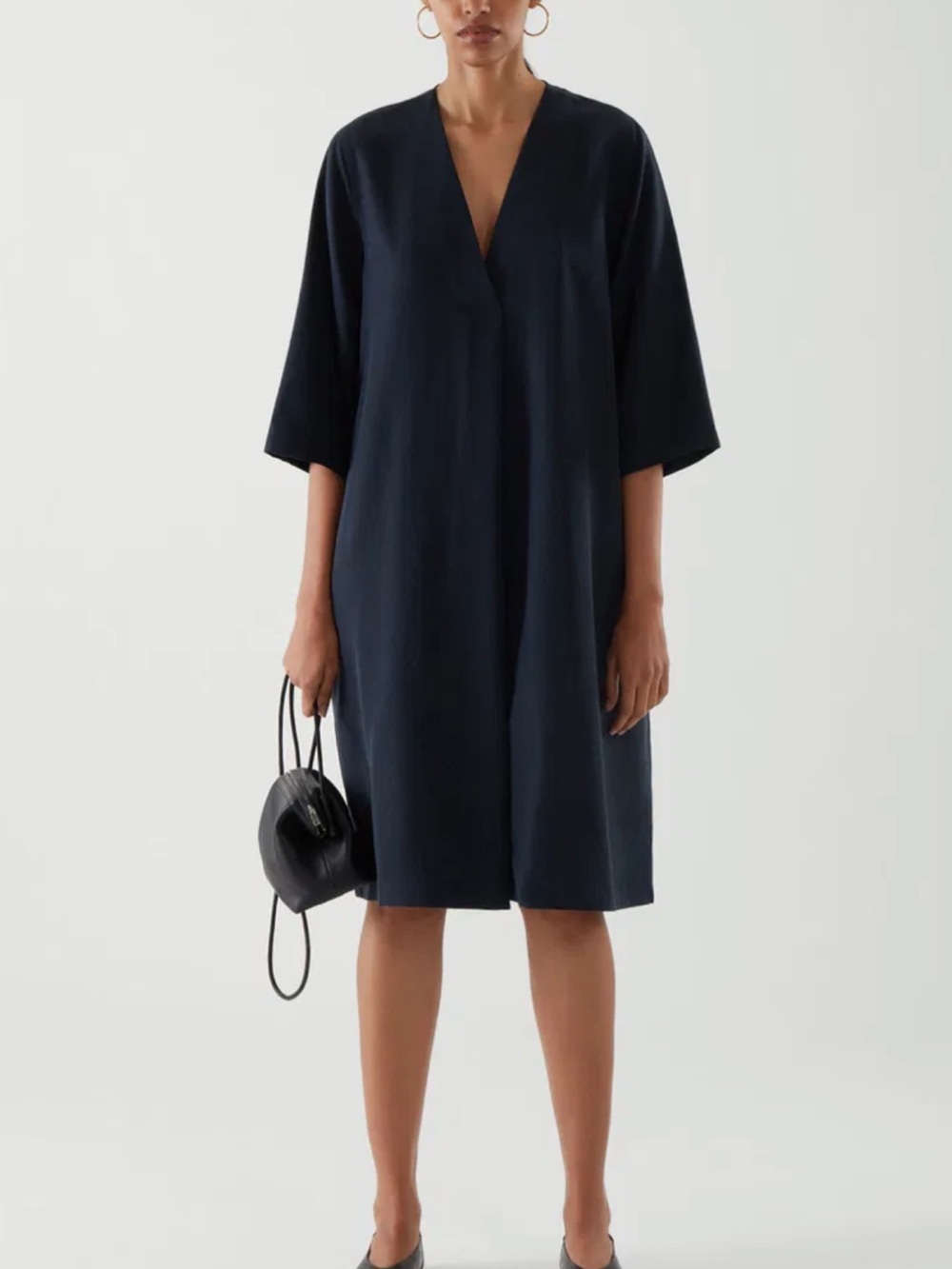 COS V-Neck Tunic Dress Navy Blue Size Large Pockets Long Line